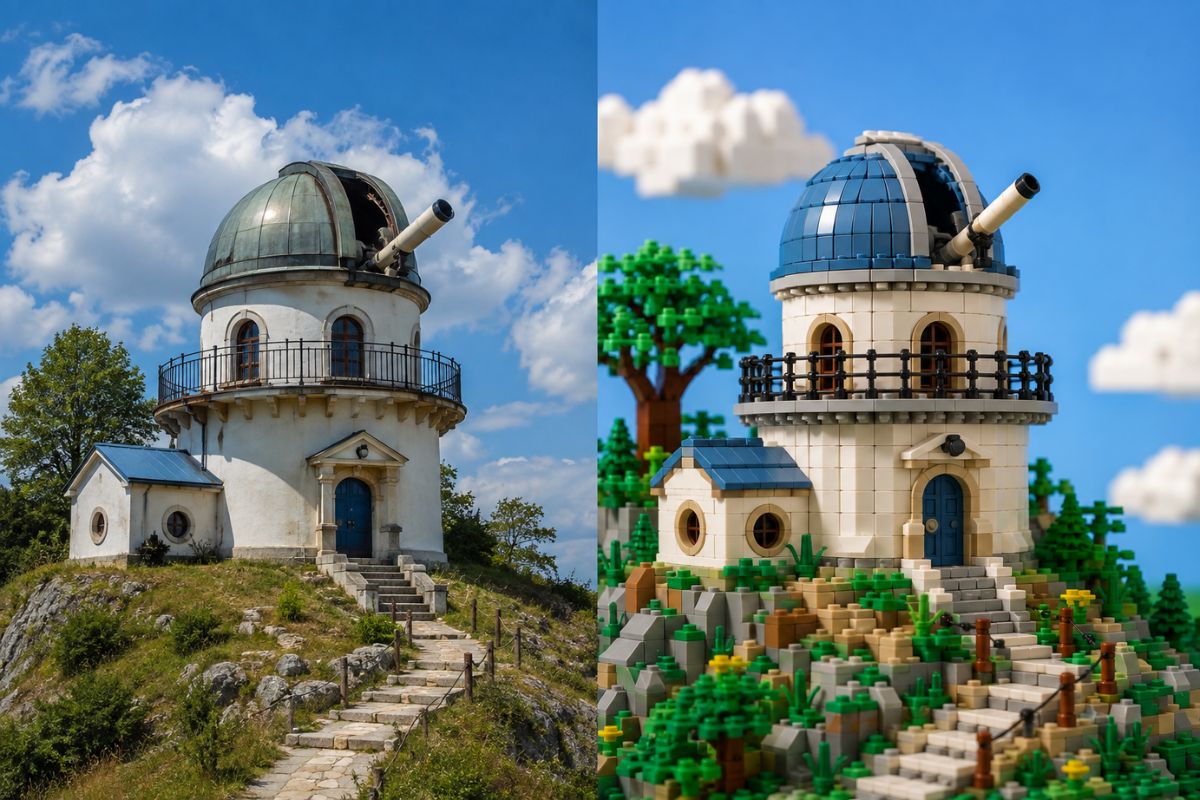 Original unbranded interlocking building-brick miniature of a lively coastal town with one generic adult traveler, colorful molded brick geometry, coherent scale, warm cinematic li