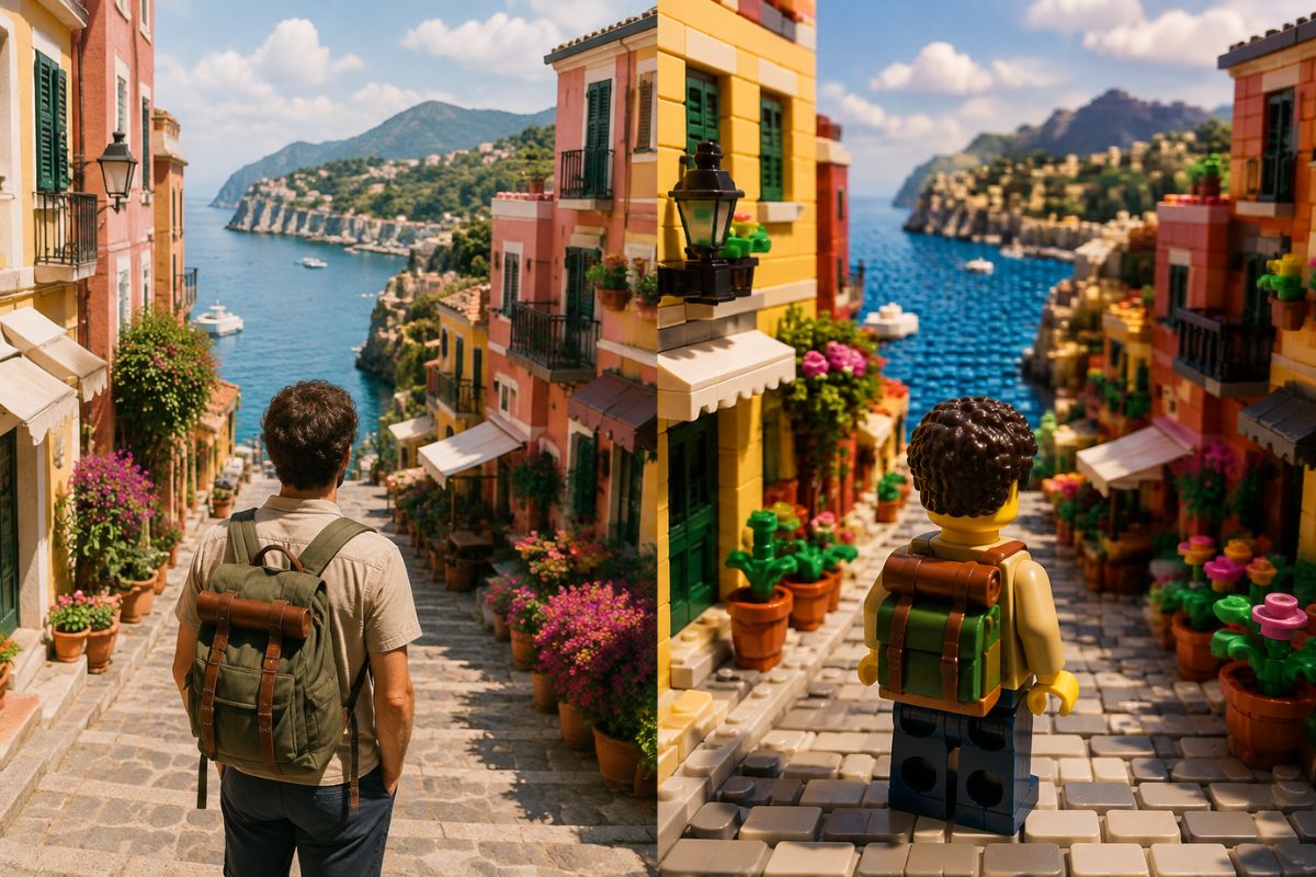 Original unbranded interlocking building-brick miniature of a colorful seaside café with tiny generic adult figures, coherent molded-plastic geometry and lighting, polished macro p
