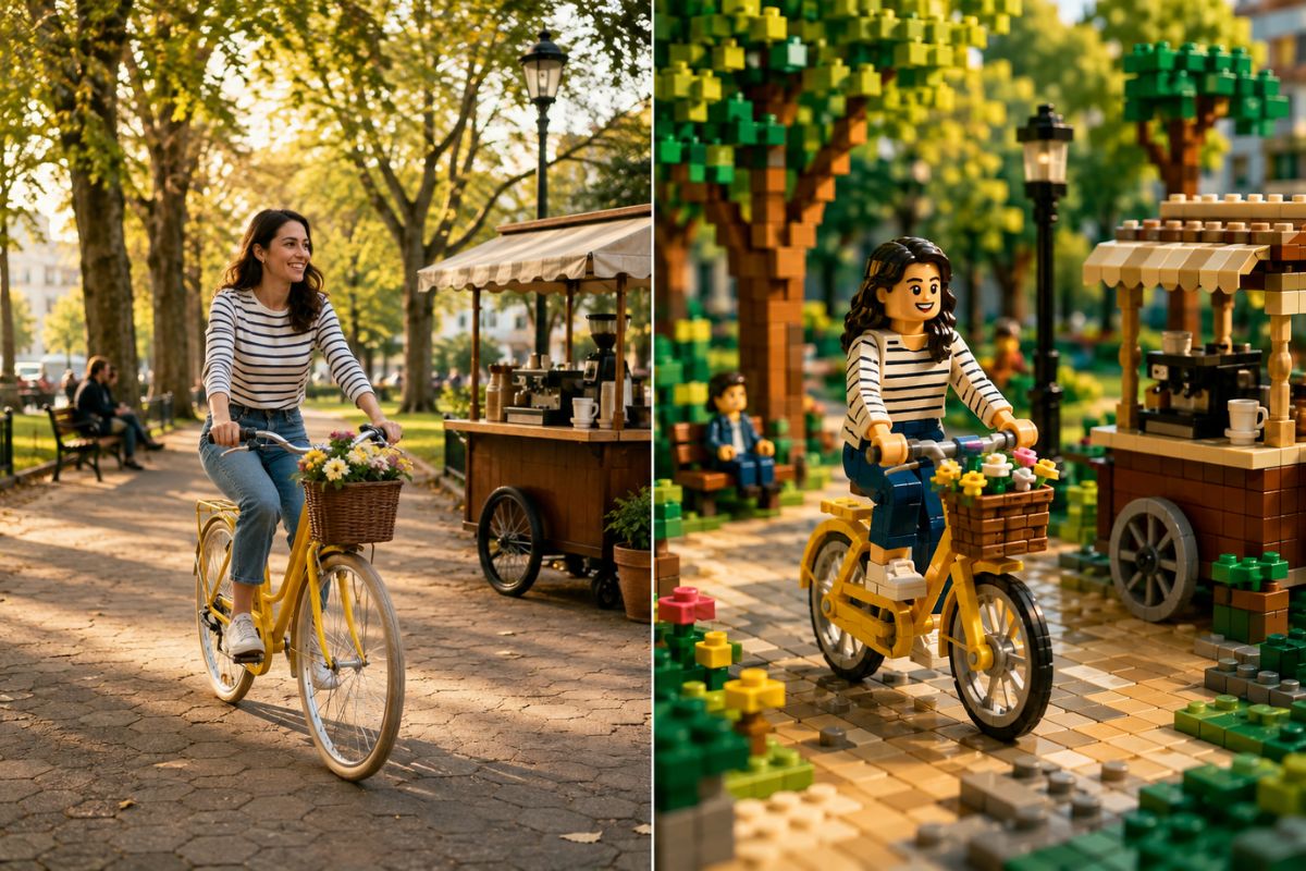 Original unbranded building-brick interpretation of a red vintage bicycle beside a flower shop, colorful interlocking brick geometry, coherent scale and shadows, polished macro pho