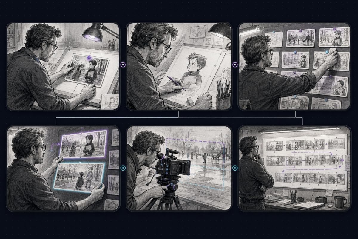 AI storyboard frames with consistent visual direction