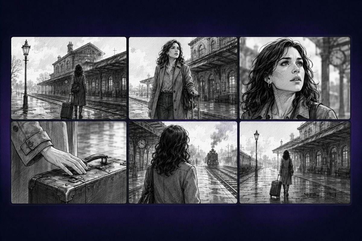 AI storyboard frame showing cinematic shot composition