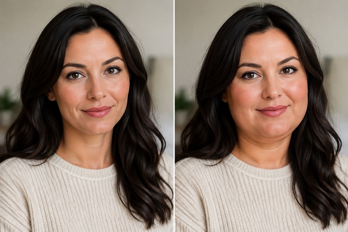 Fictional woman in a burgundy sweater with a fuller-looking face and softly rounded facial contours