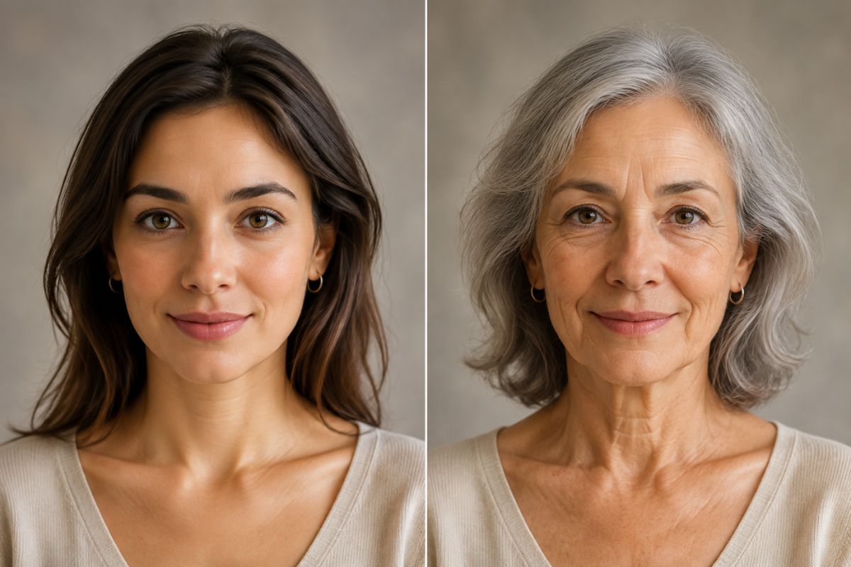 AI aging video with realistic skin and hair details