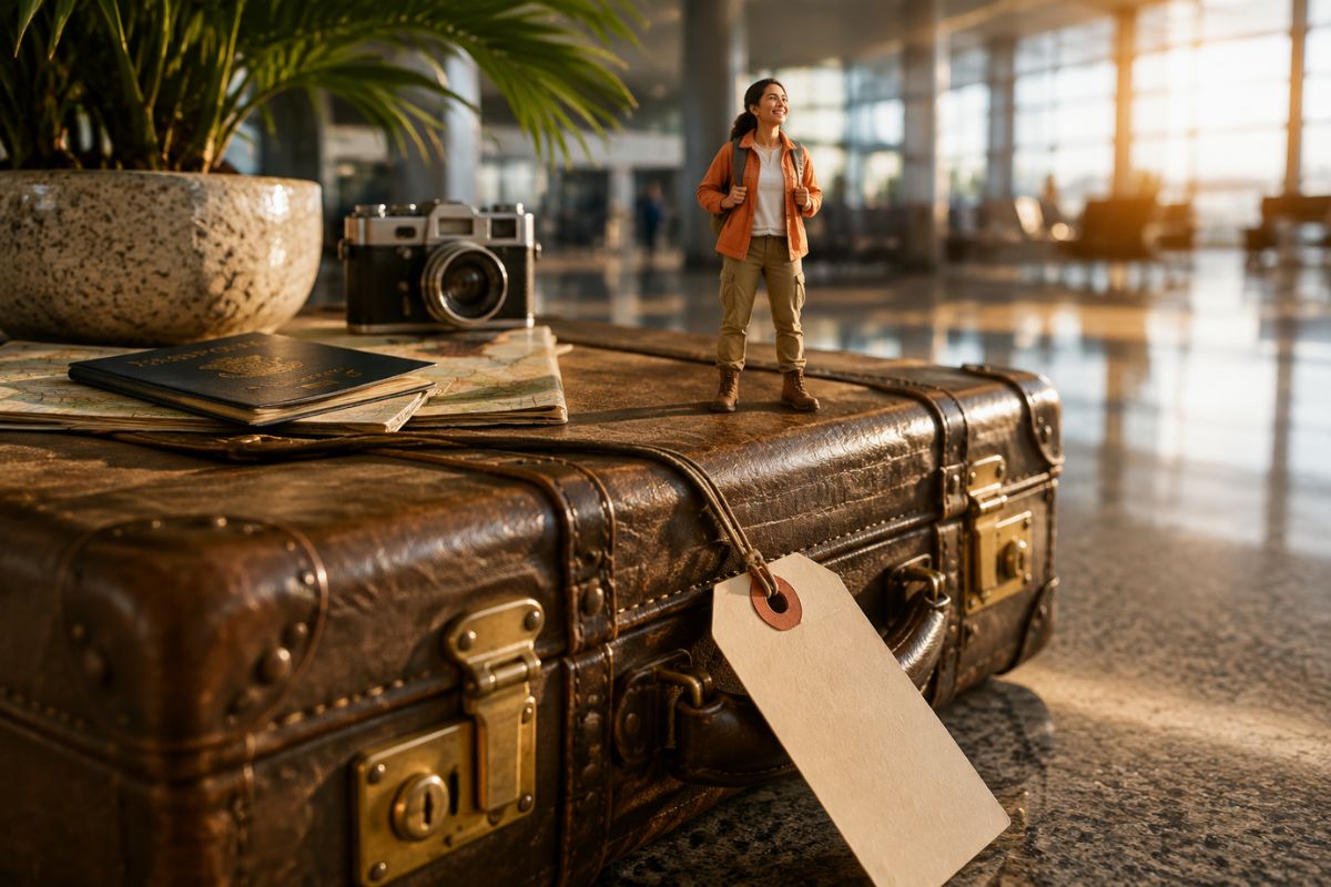 Tiny traveler in an oversized everyday scene
