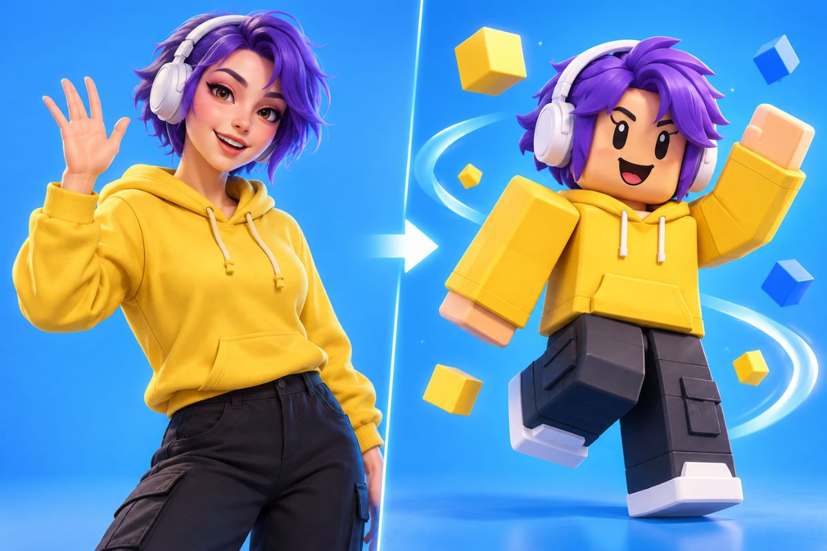 Gerador de Vídeo Roblox com IA — Personagem com Fones de Ouvido Transformado em Avatar no Estilo de Blocos