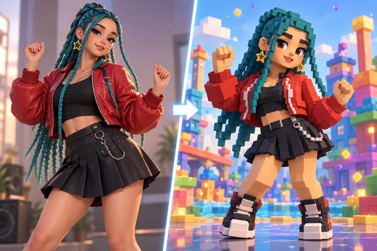Gerador de Vídeo Roblox com IA — Dançarino Transformado em Personagem no Estilo de Blocos