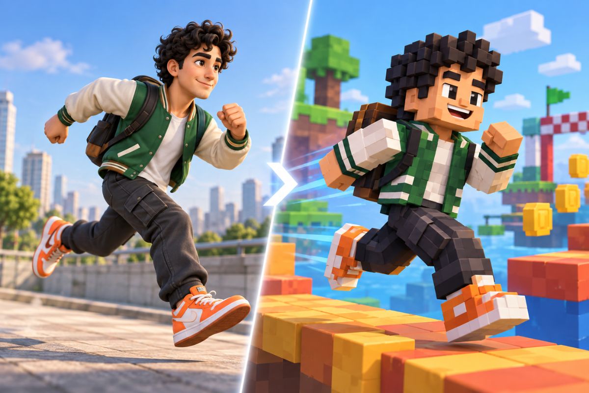 Gerador de Vídeo Roblox com IA — Corredor Transformado em Personagem no Estilo de Blocos