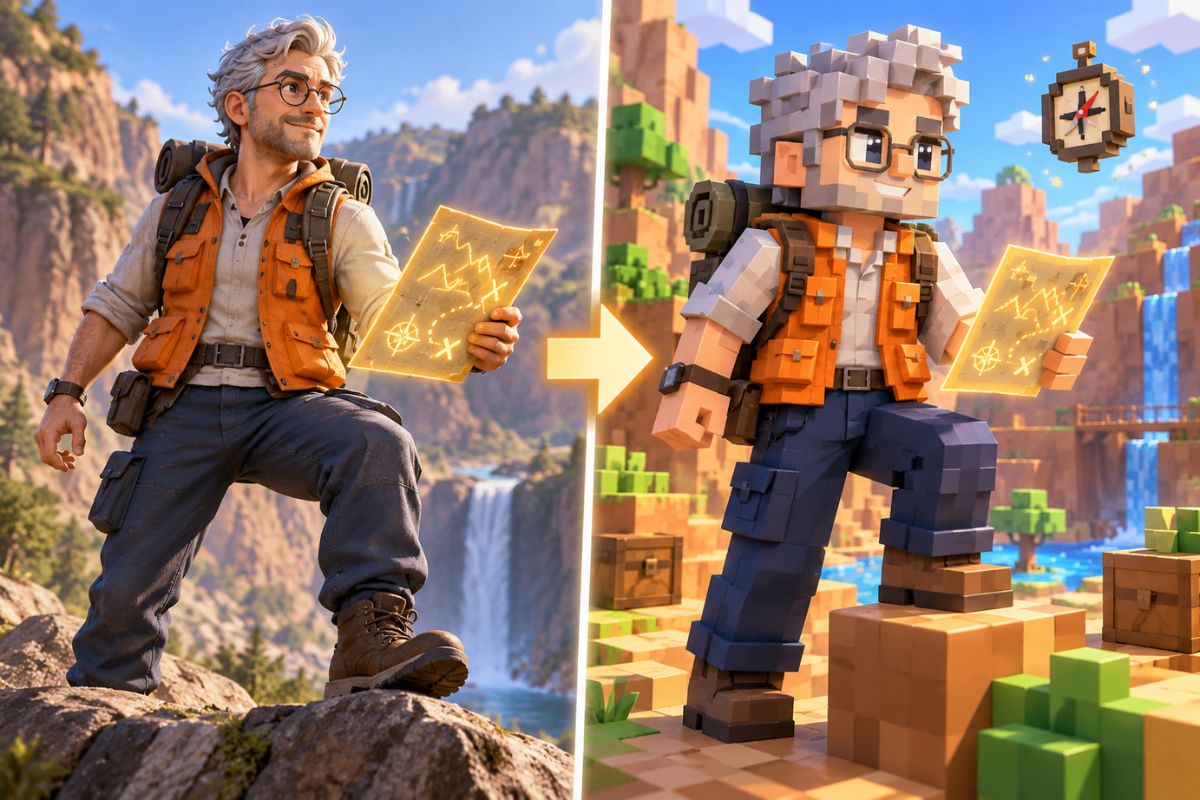 Gerador de Vídeo Roblox com IA — Aventureiro Transformado em Personagem no Estilo de Blocos
