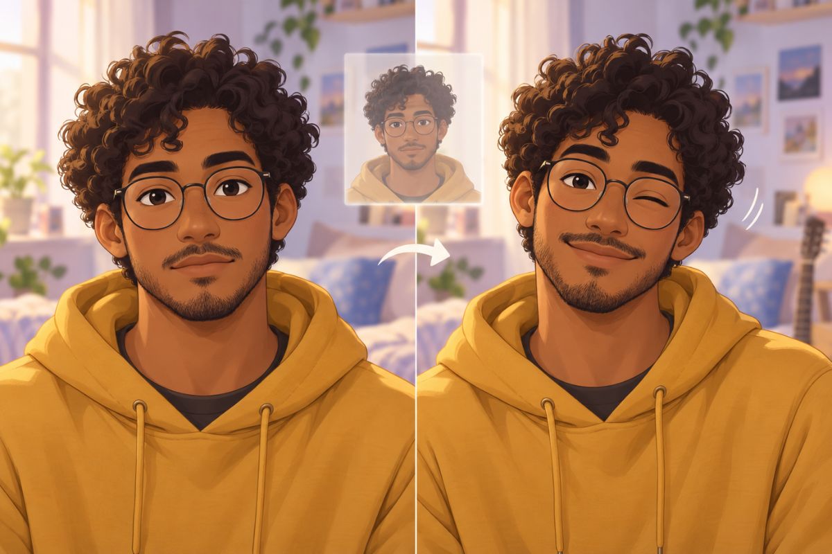 Animación Live 2D de un hombre de pelo rizado con gafas y una sudadera amarilla con capucha