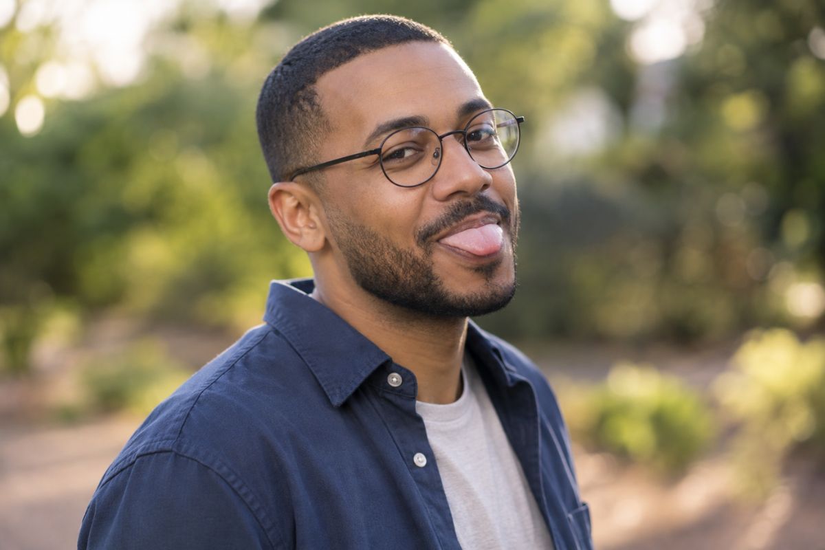 AI tongue out effect on a man wearing glasses outdoors