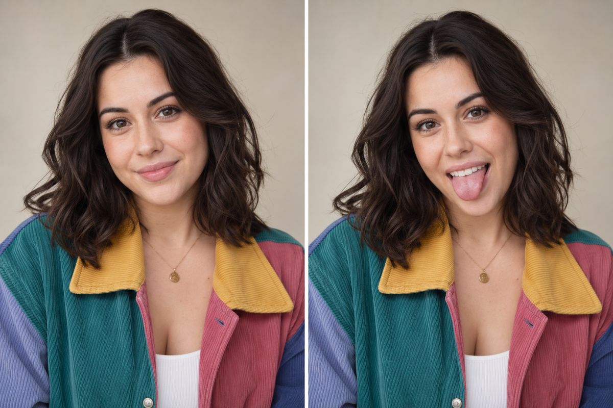 AI tongue out effect showing a woman before and after sticking out her tongue