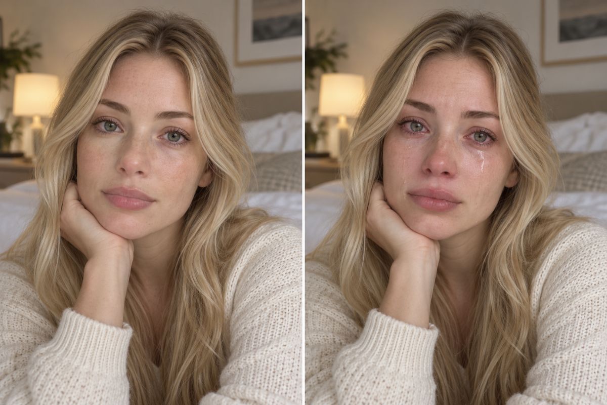 Filtro de choro mostrando uma mulher loira antes e depois de adicionar lágrimas