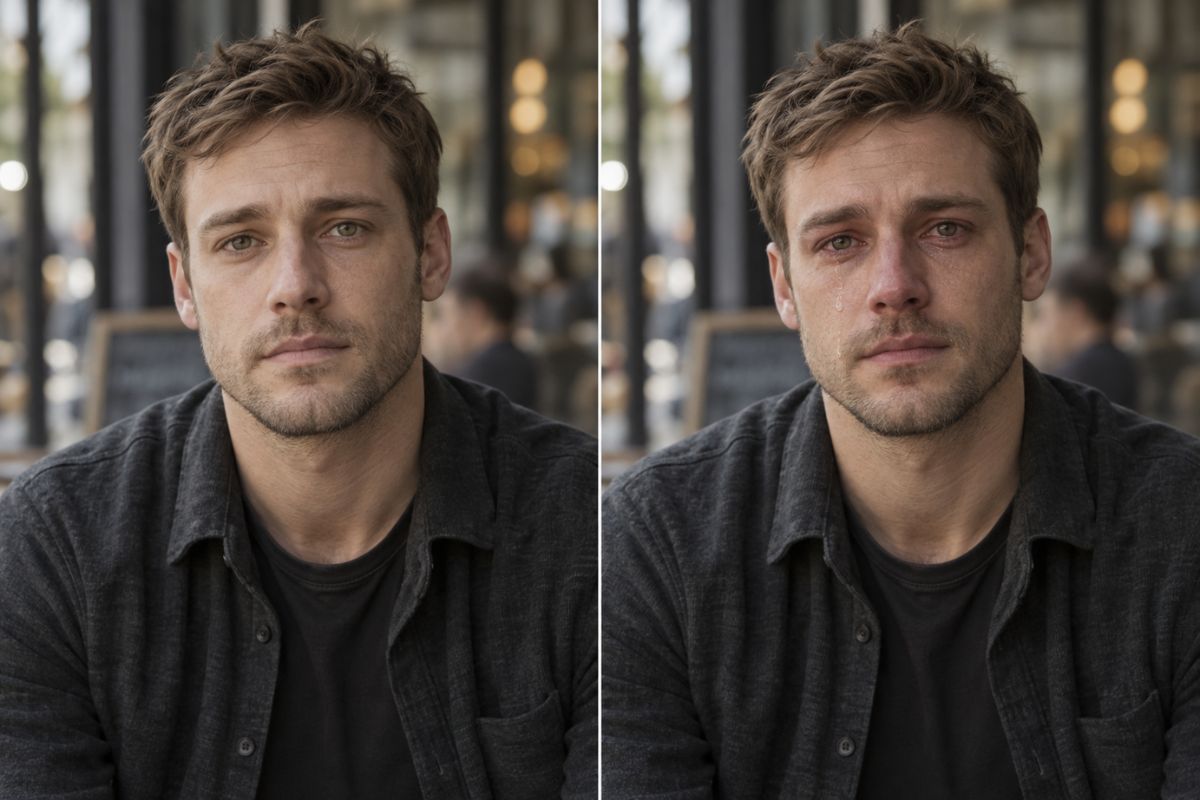 Filtro de choro mostrando um homem antes e depois de adicionar lágrimas ao rosto