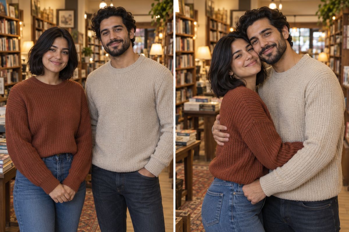 Kiss Me AI Effect showing a couple embracing inside a cozy bookstore