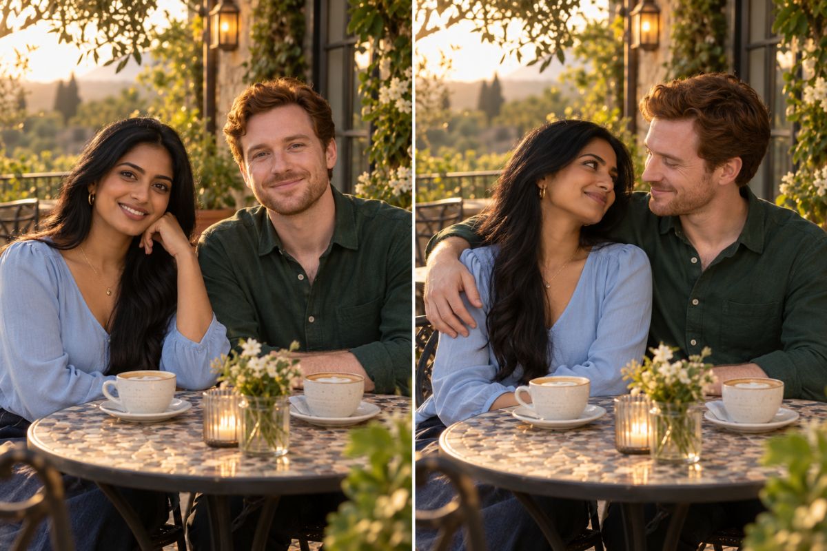 Kiss Me AI Effect showing a couple sharing a romantic moment at an outdoor cafe