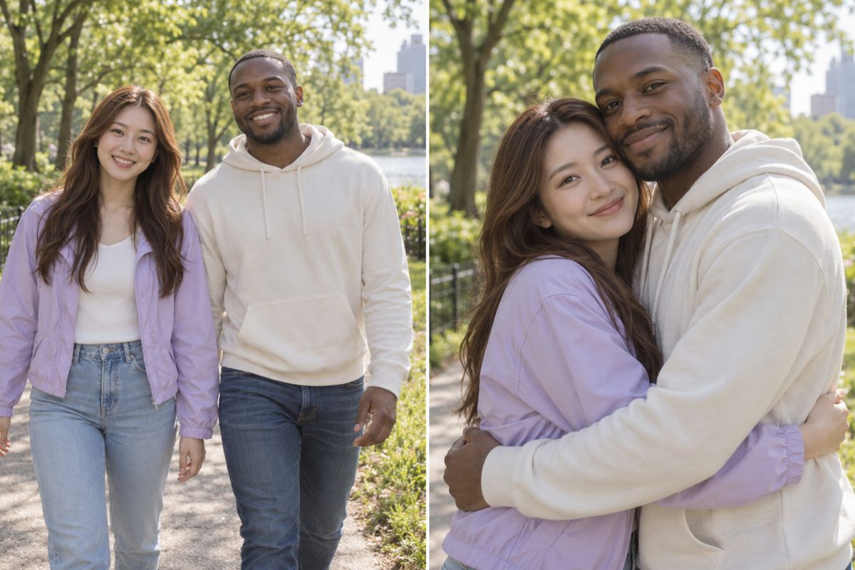 Kiss Me AI Effect showing a couple hugging in a sunny park by the lake