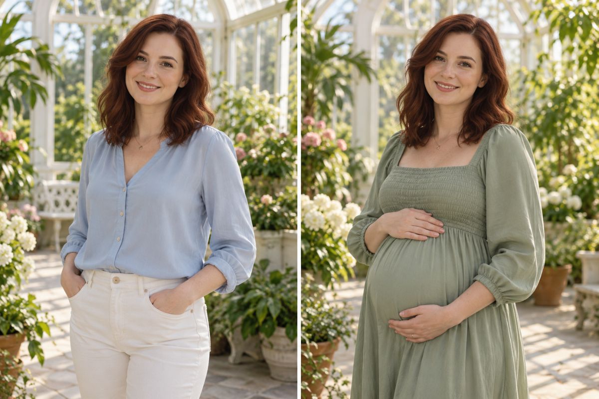 夕暮れ時の花畑を歩く、控えめなクリーム色のマタニティドレスを着た架空の成人女性