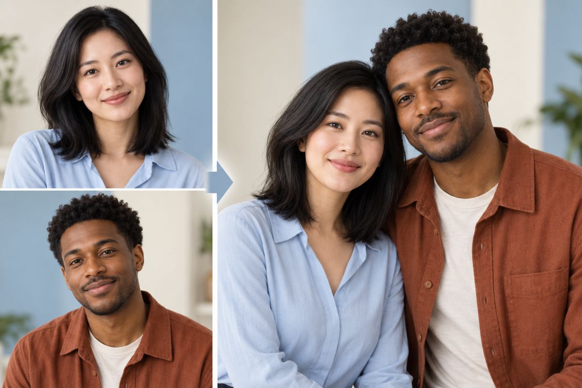 Wide horizontal before-and-after comparison without text: left half shows two separate portrait frames of fictional adults, a woman and a man, on clean neutral backgrounds; right half shows them together in one outdoor couple portrait