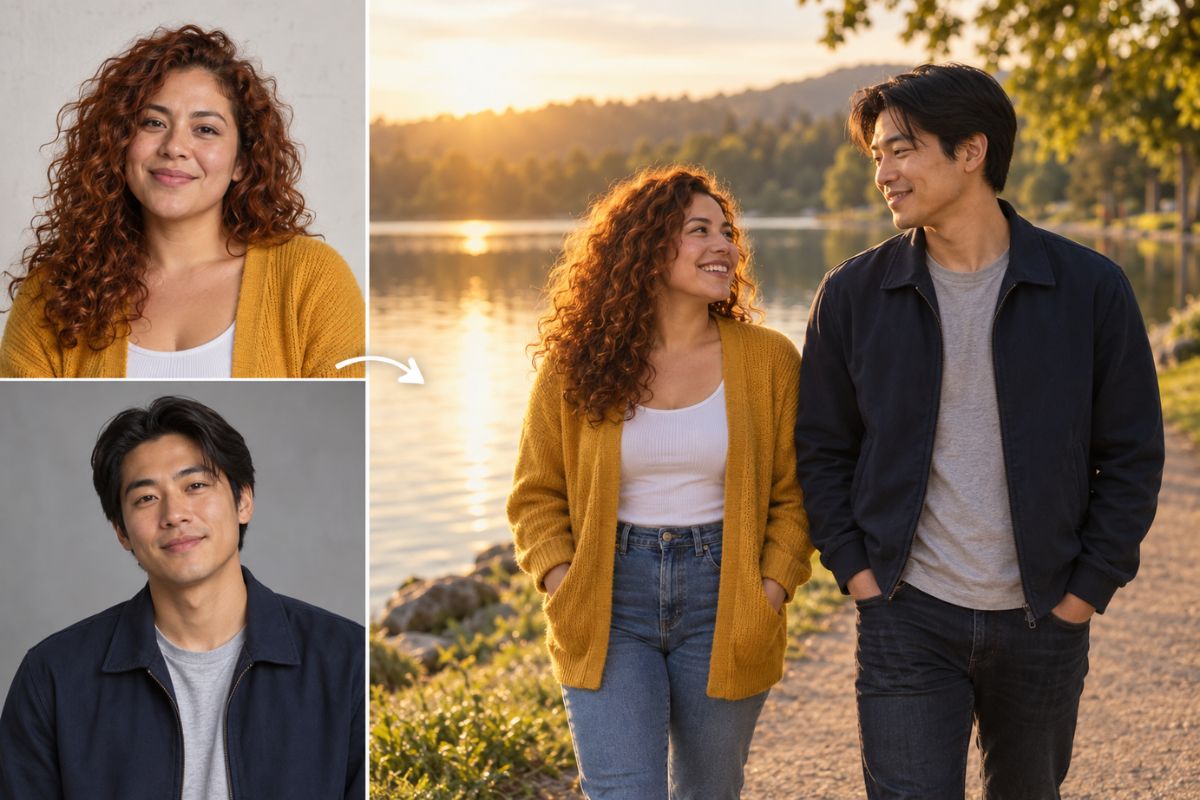 Two separate portraits transformed into a couple walking together beside a lake