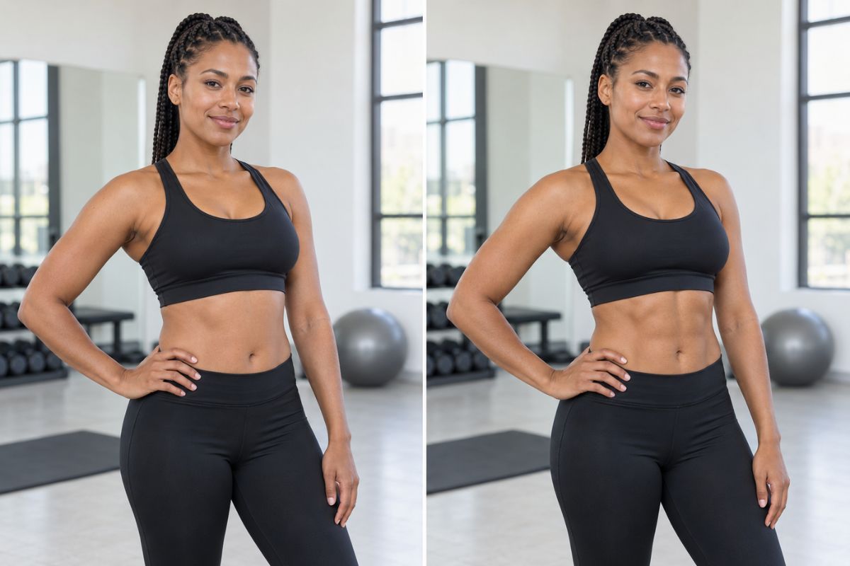 Editor de fotos de abdominales marcados con IA que muestra a una mujer con trenzas y una definición abdominal mejorada