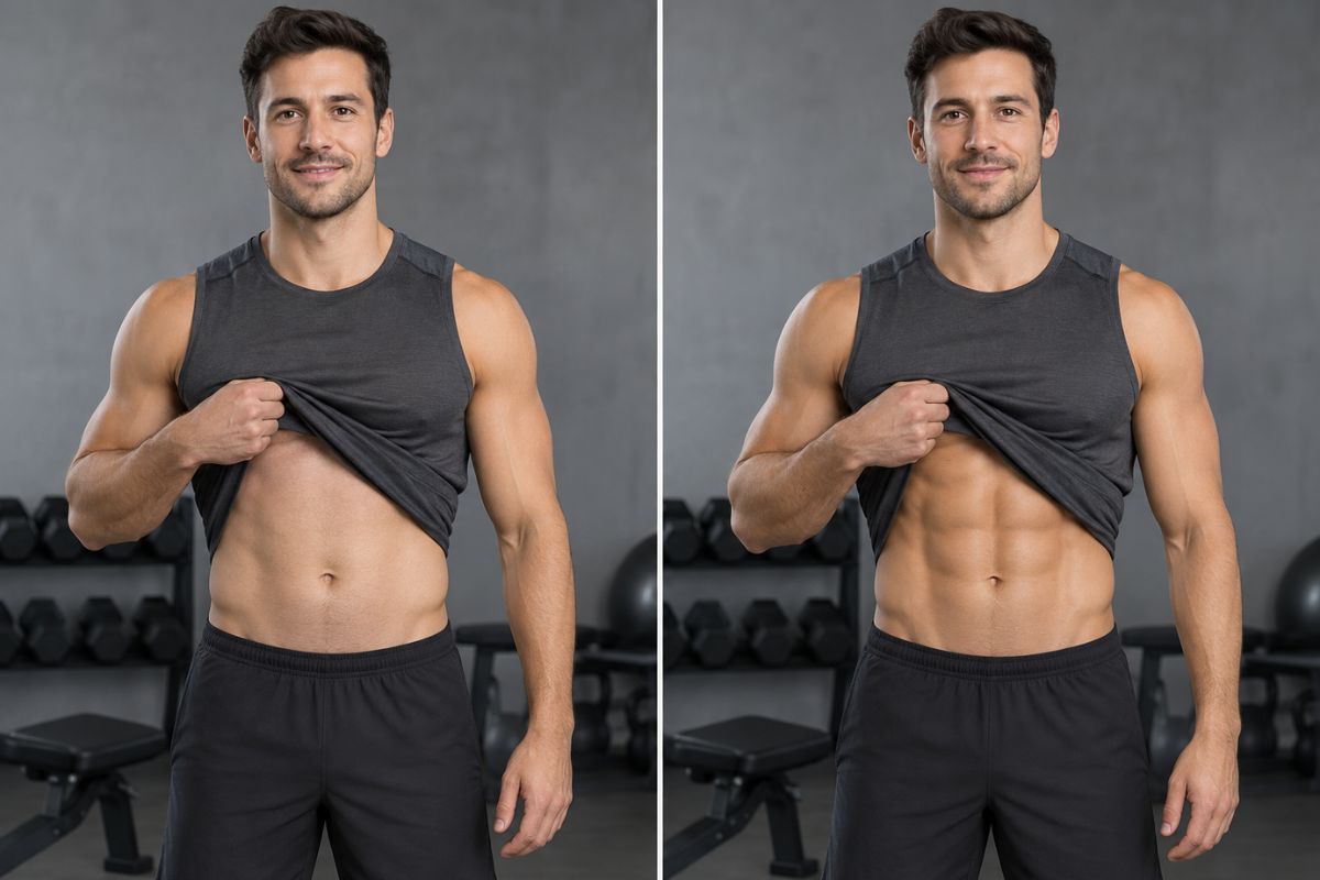 Editor de fotos de abdominales marcados con IA que muestra a un hombre antes y después de mejorar sus abdominales