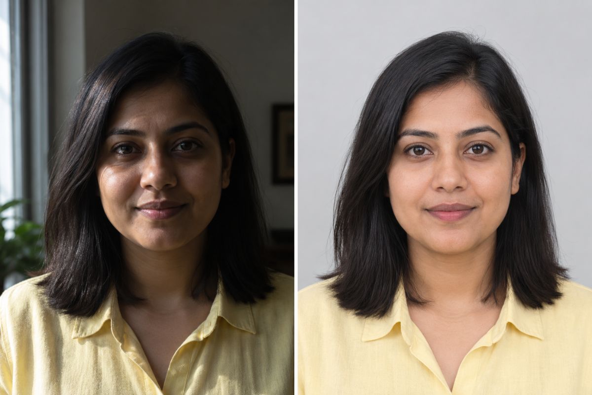 AI passport photo maker transforming a dark-haired woman's portrait into a professional passport photo