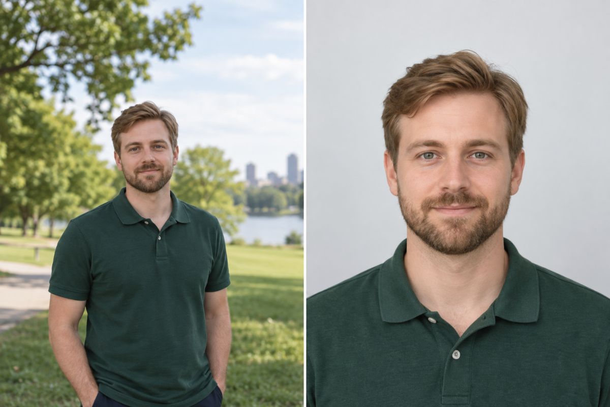 AI passport photo maker transforming a casual outdoor portrait of a bearded man into a passport photo