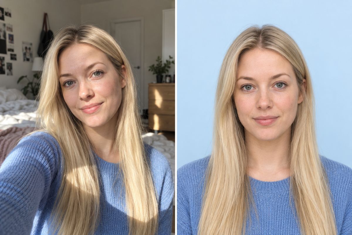 AI passport photo maker transforming a casual portrait of a curly-haired woman into a passport photo