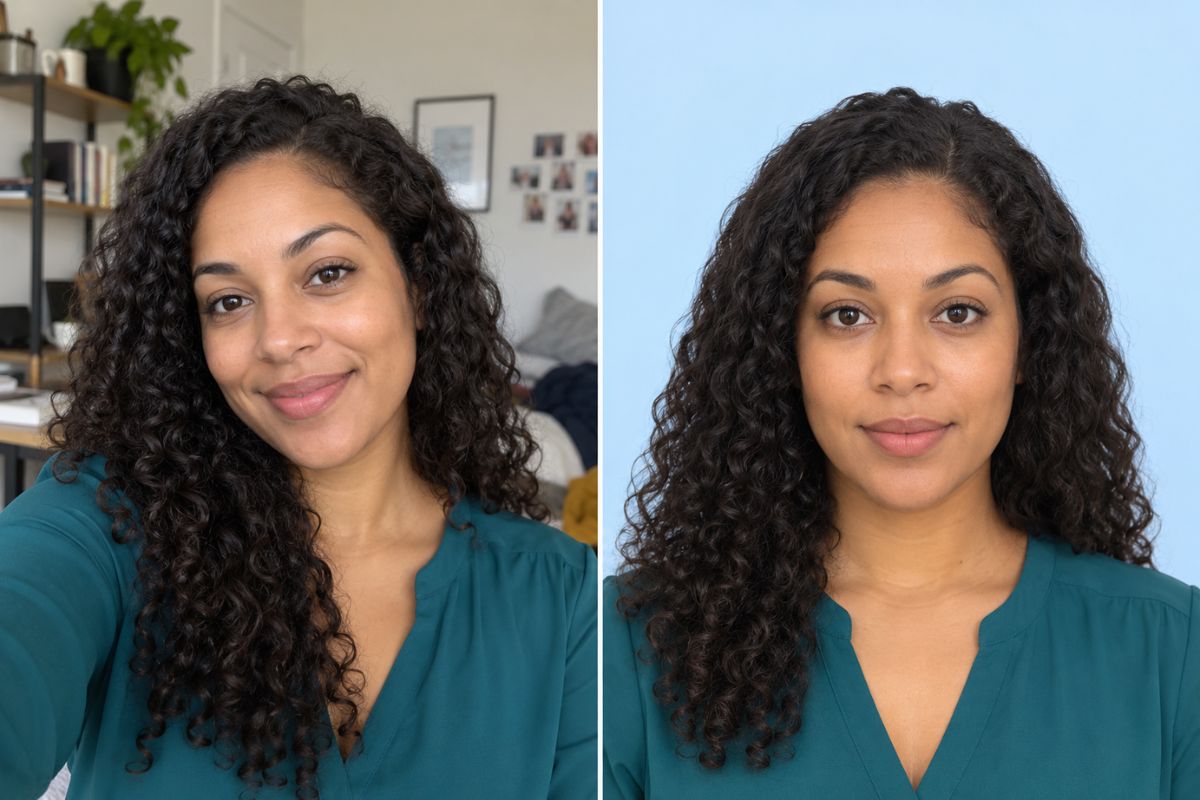 AI passport photo maker transforming a blonde woman's selfie into a passport photo with a blue background