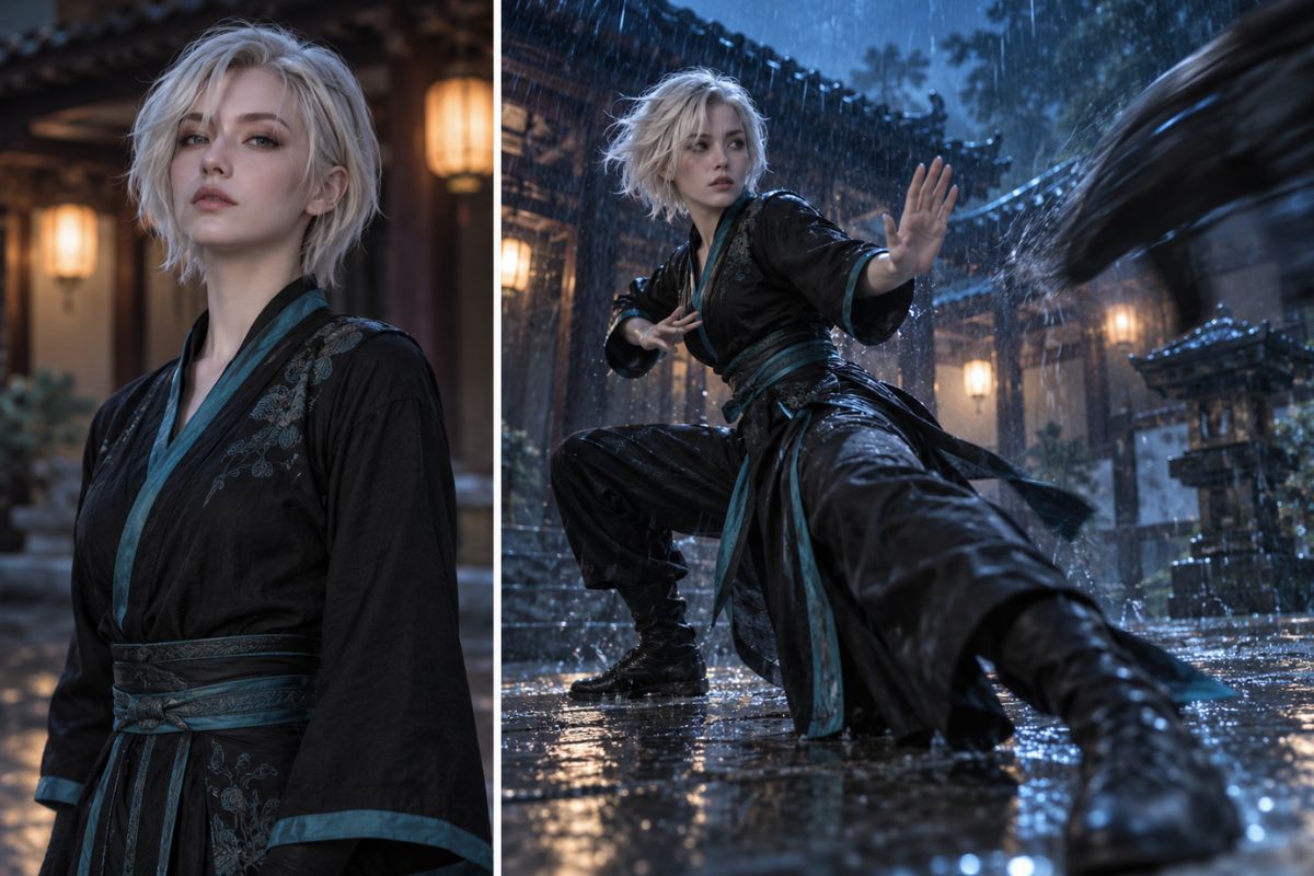 Blonde woman practicing martial arts in the rain