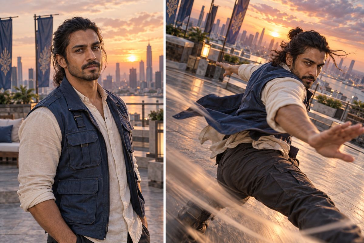 Long-haired man performing a martial arts move on a rooftop
