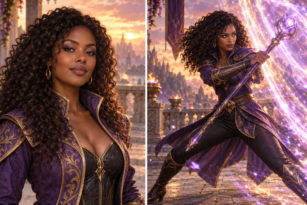 Curly-haired woman casting magic during a fantasy fight