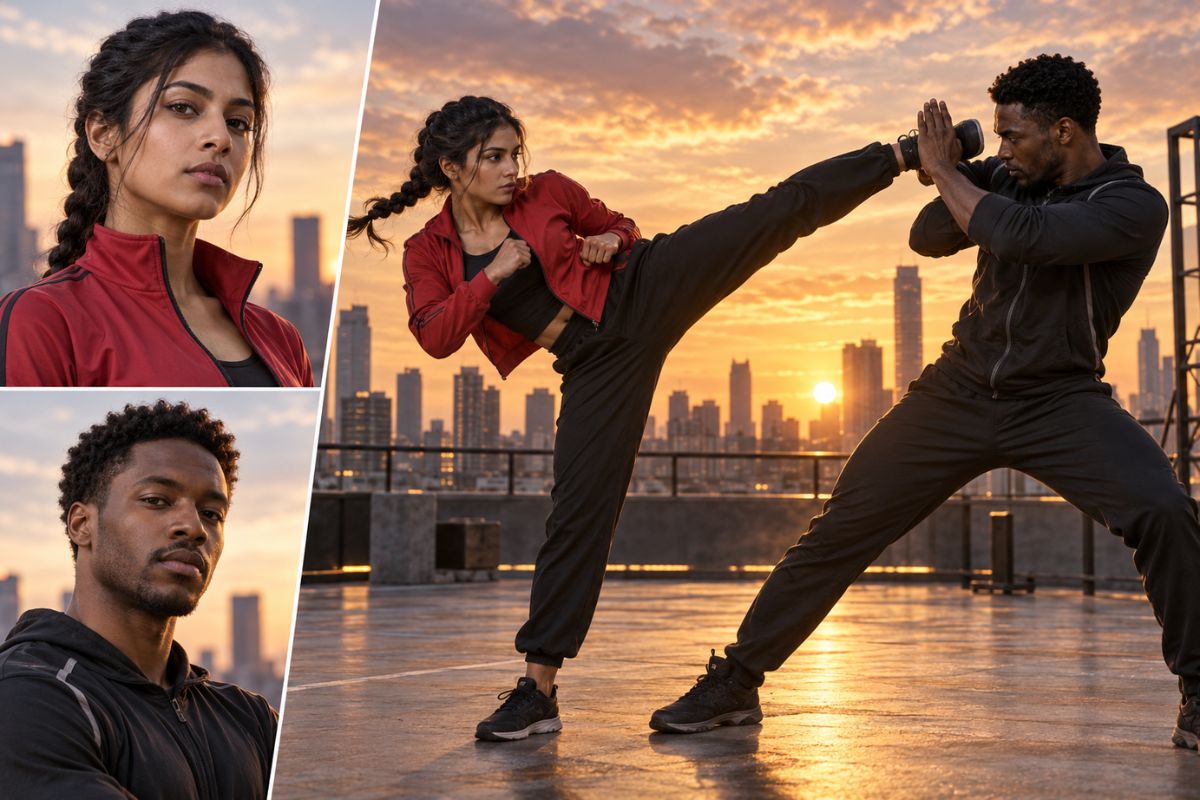 Woman performing a high kick against a man on a rooftop
