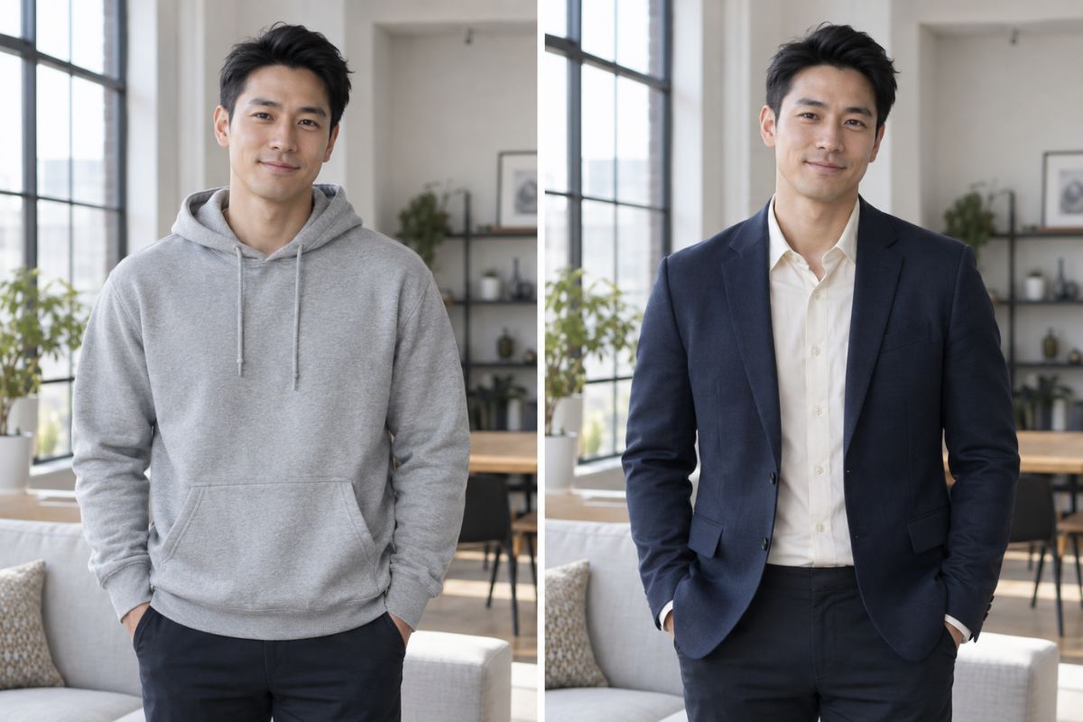 라벨 없는 좌측 원본·우측 결과 비교 사진: 동일한 가상의 여성이 따뜻한 스튜디오 배경에서 같은 포즈로 베이지 니트 상의와 다크 팬츠에서 맞춤형 틸 팬츠수트로 바뀐 모습